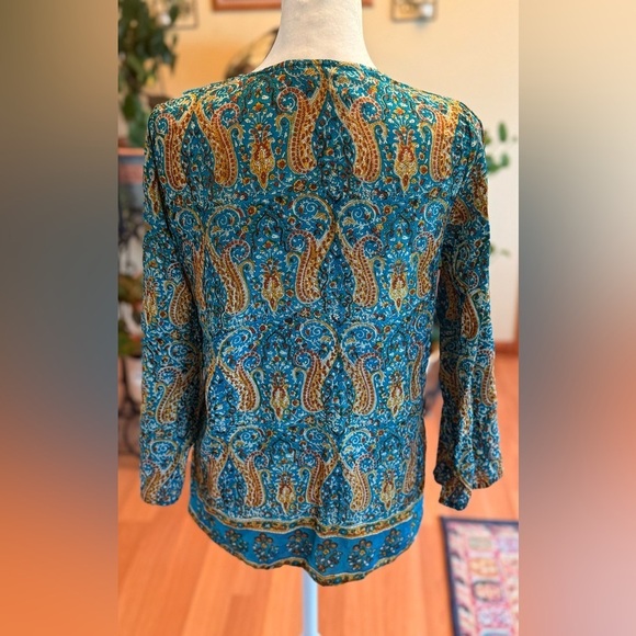 Tolani Women’s Silk Beaded Bohemian Printed Size Small Blouse Teal & Mustard - Picture 9 of 14